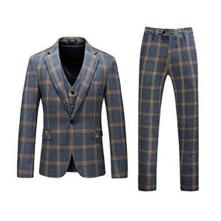 Yffushi Men S Plaid Tweed Piece Suit Slim Fit One Button Dinner