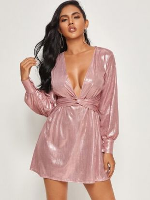 Shein Twist Front Plunging Neck Metallic Dress