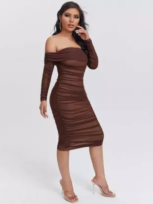 Shein Ruched Off Shoulder Mesh Bodycon Dress