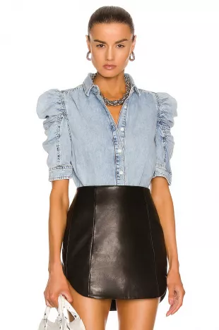 Frame Ruched Puff Sleeve Denim Shirt