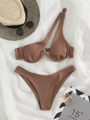 Shein Rib Underwire One Shoulder Bikini Swimsuit