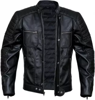 Rabbaniz Men Real Lambskin Motorcycle Leather Jacket Genuine Black