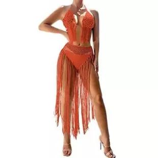 Cathery Women Crochet Two Piece Bikini Set Tassel Bra Top Cover Up Skirt