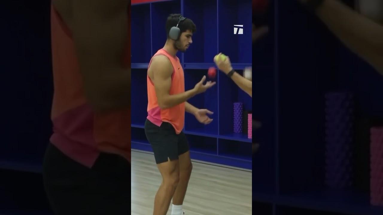Carlos Alcaraz training his focus, hand-eye coordination, reaction speed, and agility before a match