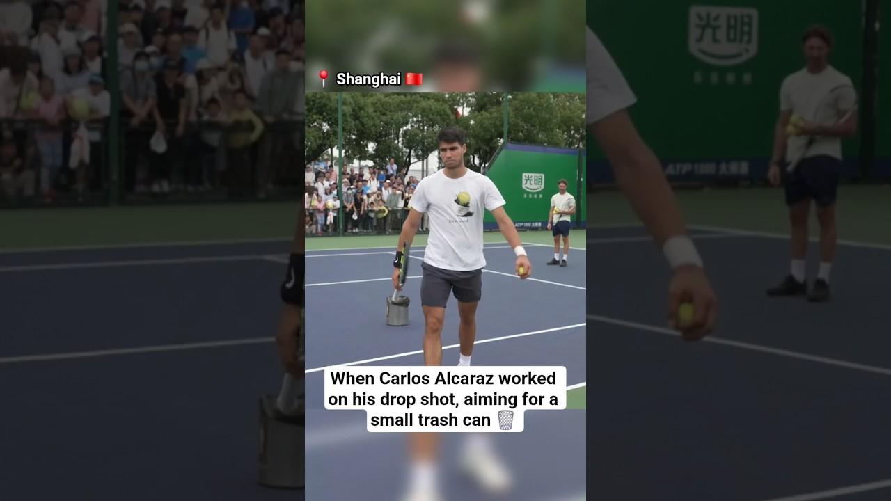 Carlos Alcaraz working on his drop shot, aiming for a small trash can 🎥 @tennistv @ATPTour