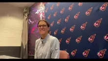 Indiana Fever head coach Stephanie White speaks to media postgame after OT win vs Connecticut Sun