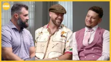 Jason Kelce asks Travis Kelce when the wedding is in interview with Patrick Mahomes, Andy Reid