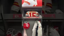 Patrick Mahomes Chiefs Locker and Jersey at the Super Dome in New Orleans before Super Bowl LIX