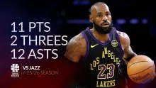 LeBron James 11 pts 2 threes 12 asts vs Jazz 25/26 season