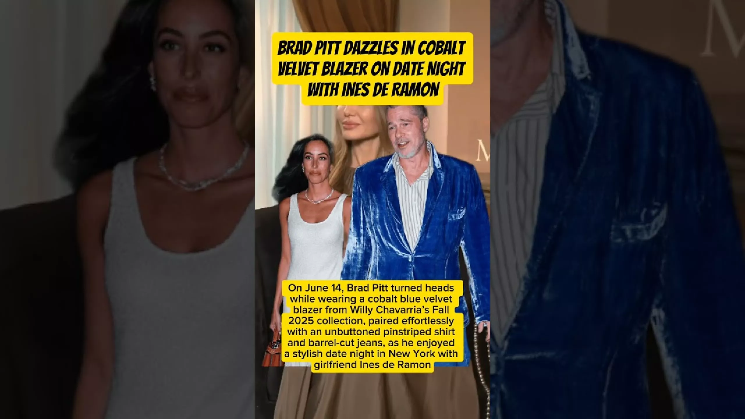 Brad Pitt Dazzles in Cobalt Velvet Blazer on Date Night with Ines de Ramon