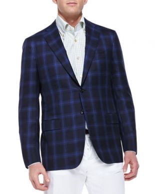 Kiton  Cashmere-Silk Plaid Sport Coat, Navy