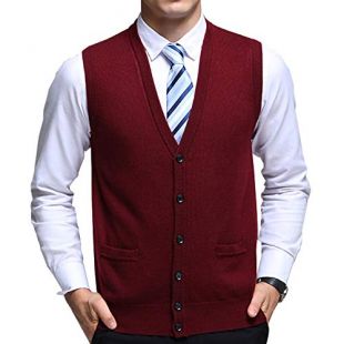 Flygo Men's Basic Solid V-Neck Wool Sweater Vest Knitwear with Button Front Pockets (Small, Wine Red)