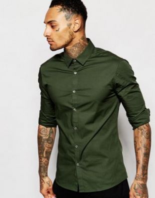 Chemise skinny à manches longues - Vert foncé
