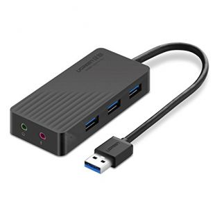UGREEN Adaptateur Audio USB Carte Son USB Externe 3.5mm Audio Stéréo Jack avec Hub USB 3.0 3 Ports Transfert de Donnée 5Gbps Supporte Windows Mac OS Linux