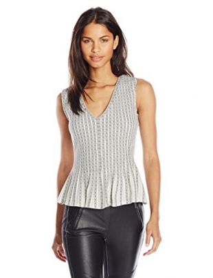 BCBGMAXAZRIA Women's Haily Asymmetrical Pleated V-Neck Top, Black/Ivory Combo, Medium