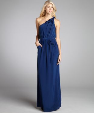REBECCA TAYLOR - Blueberry Silk Pocket Belted Rosette One Shoulder Maxi Dress