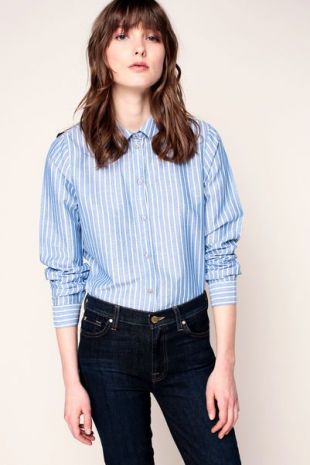 Chemise bleue denim rayée blanche en lin mélangé Isa