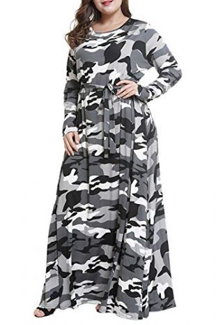 Women Elegant Winter Camouflage Party Plus Size Fit and Flare Skater Maxi Dress Black L