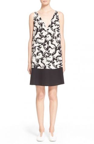 Horse Print Silk Shift Dress  Black multi M
