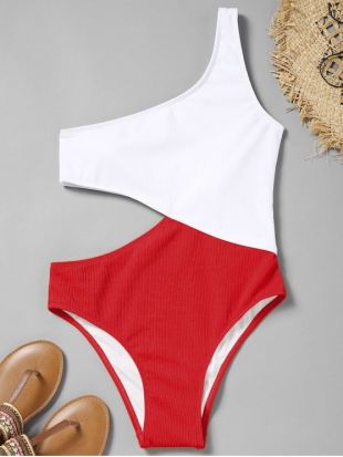 Zaful - Cutout Ribbed One Shoulder Swimsuit