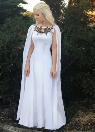 Game of Thrones Costume - Daenerys Meereen Dress - White Dragon Necklace Gown + Cape - Galadriel Cosplay Costume - Lord of the Rings Sale