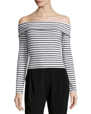10 Crosby Derek Lam Long-Sleeve Striped Off-the-Shoulder Top, Soft White