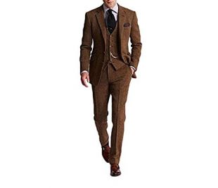 Retro 3 Piece Brown Grey Tweed Herringbone Men's Suits Slim Fit Groom Tuxedos Prom Blazer Custom Jacket