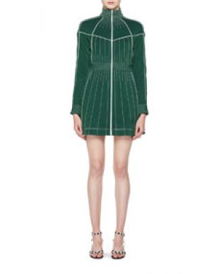 Valentino Long Sleeve Zip Front Fitted Short Dress with Contrast Topstitching