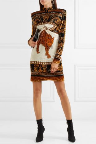 Printed velvet turtleneck mini dress