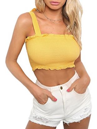 BerryGo Women's Sexy Ruffle Strap Tank Top Dot Camis Boho Print Crop Top Yellow,M