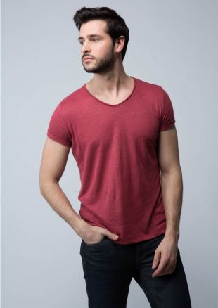 T shirt slim lin rouge col v b3 marsala   tshirt homme   father