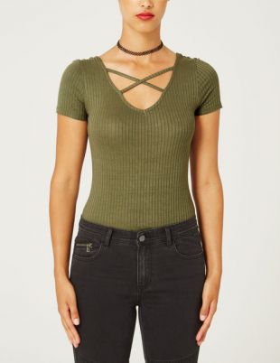 Body décolleté v avec liens noir femme • Jennyfer