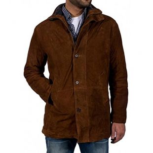 ZARAR Longmire Coat Robert Taylor Mens Brown Suede Leather Long Trench Coat Shearling Collar Style Winter Jacket Costume (M, Brown)