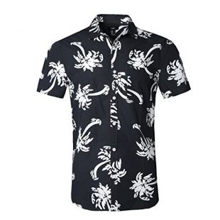 NUTEXROL Men's Standard-Fit 100% Cotton Palm Tree Beach Print Hawaiian Shirt 528Blue XL