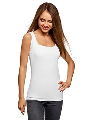 oodji Collection Femme Top en Tissu Élastique à Larges Bretelles, Blanc, FR 40 / M