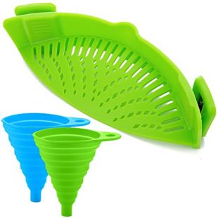 Égouttoir avec Clip en Silicone avec 2 Entonnoirs Pliants, FineGood mains libres Passoire à Clipser Verseur Résistant à la Chaleur pour Pâtes Légumes Nouilles Pot Bol Casserole Poêle - Vert