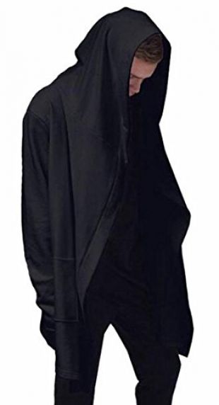 ONTBYB Mens Black Long Hooded Cardigan Large Cape Cloak Coat Black S