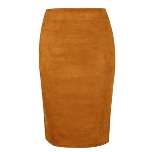 Sexy Suede Midi Pencil Skirt Women Elastic High Waist Office Bodycon Skirts,Brown,M