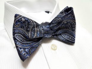 Silk SELF TIED Bow Tie (matching pocket square available) with Paisley in Blue Navy Charcoal Grey Silver