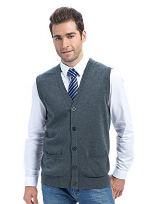 Choies Men's Dark Gray Slim Fit Casual V-Neck Button Down Pocket Cotton Knit Sweater Vest L