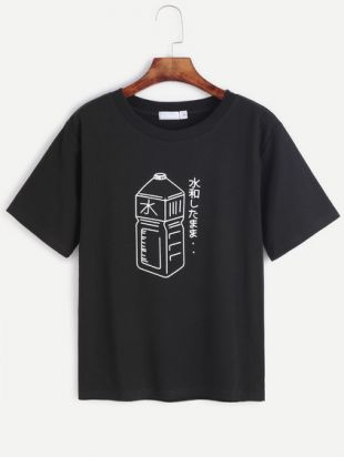 T shirt imprimé bouteille et caractère   noir