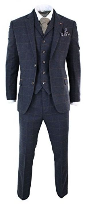 cavani - Mens Herringbone Tweed Navy Blue Check 3 Piece Wool Suit Peaky ...