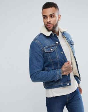 New Look borg lined denim jacket in mid blue wash at asos.com