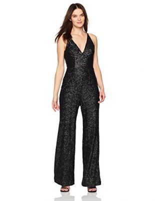 Dress the Population Women's Charlie Sequin Jumpsuit, Matte Black, XS