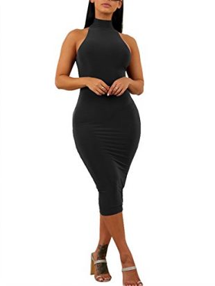 GOBLES Women's Sexy Halter High Neck Elegant Sleeveless Bodycon Midi Club Dress Black