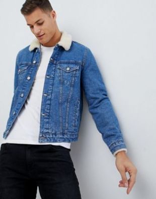 ASOS DESIGN Denim Jacket With Fleece Collar In Light Wash at asos.com