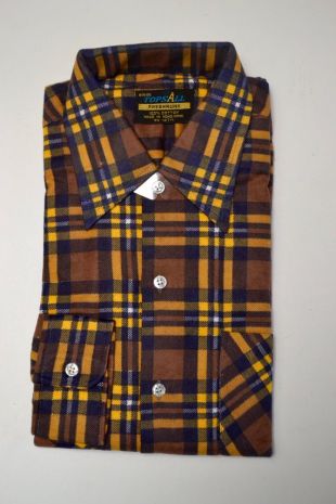 chemise en flanelle Vintage : marron à carreaux jaune, double poche avant, NOS TopsAll