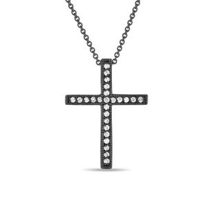 Vintage Style Diamond Cross Pendant Necklace 14K Black Gold 0.25 Carat Pave Handmade
