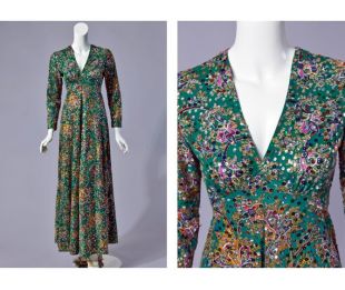 des années 70 * designer * vert Victor Costa paisley & paillettes colorées maxi dress | petit