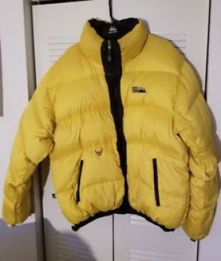 First Down Puffer Down Jacket Black Yellow Mens Size L Reversible
